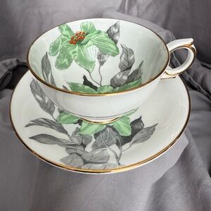 Vintage Numbered Clarence Bone China Floral Teacup & Saucer Set with Gold Trim